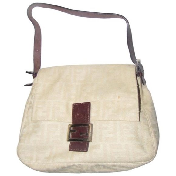 Fendi Mamma Zucca Style Shoulder Purse F Logo Print In Shades Of Tan Canvas - Picture 1 of 11